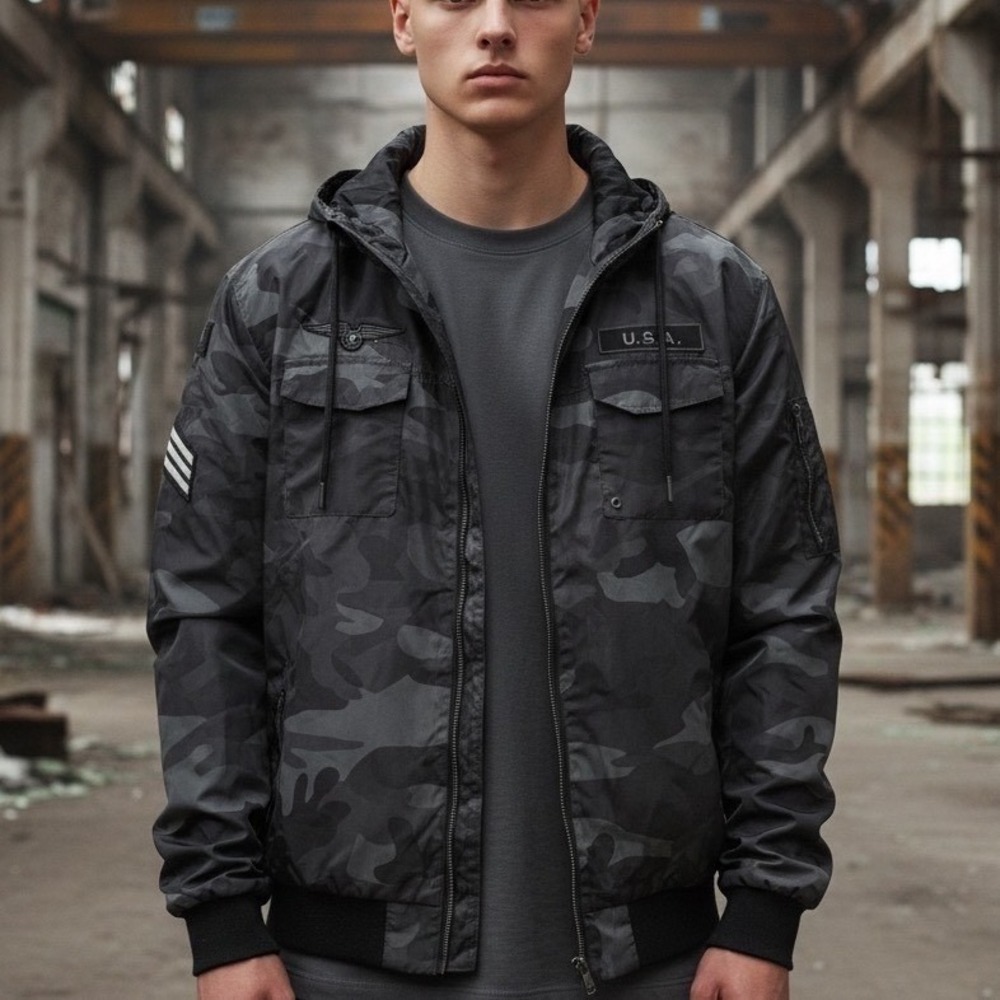 CSG Champs Sports‎ Gear Jacket Mens L Black Camo Military Hooded Full Zip Bomber